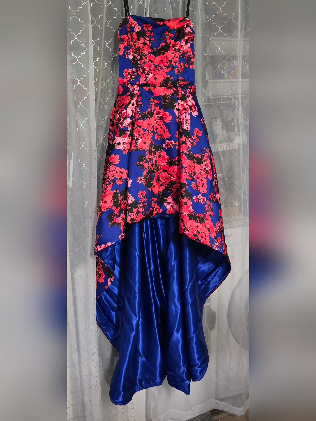 B. Darlin Shiny Royal Blue Satin Skirt With Floral Accent